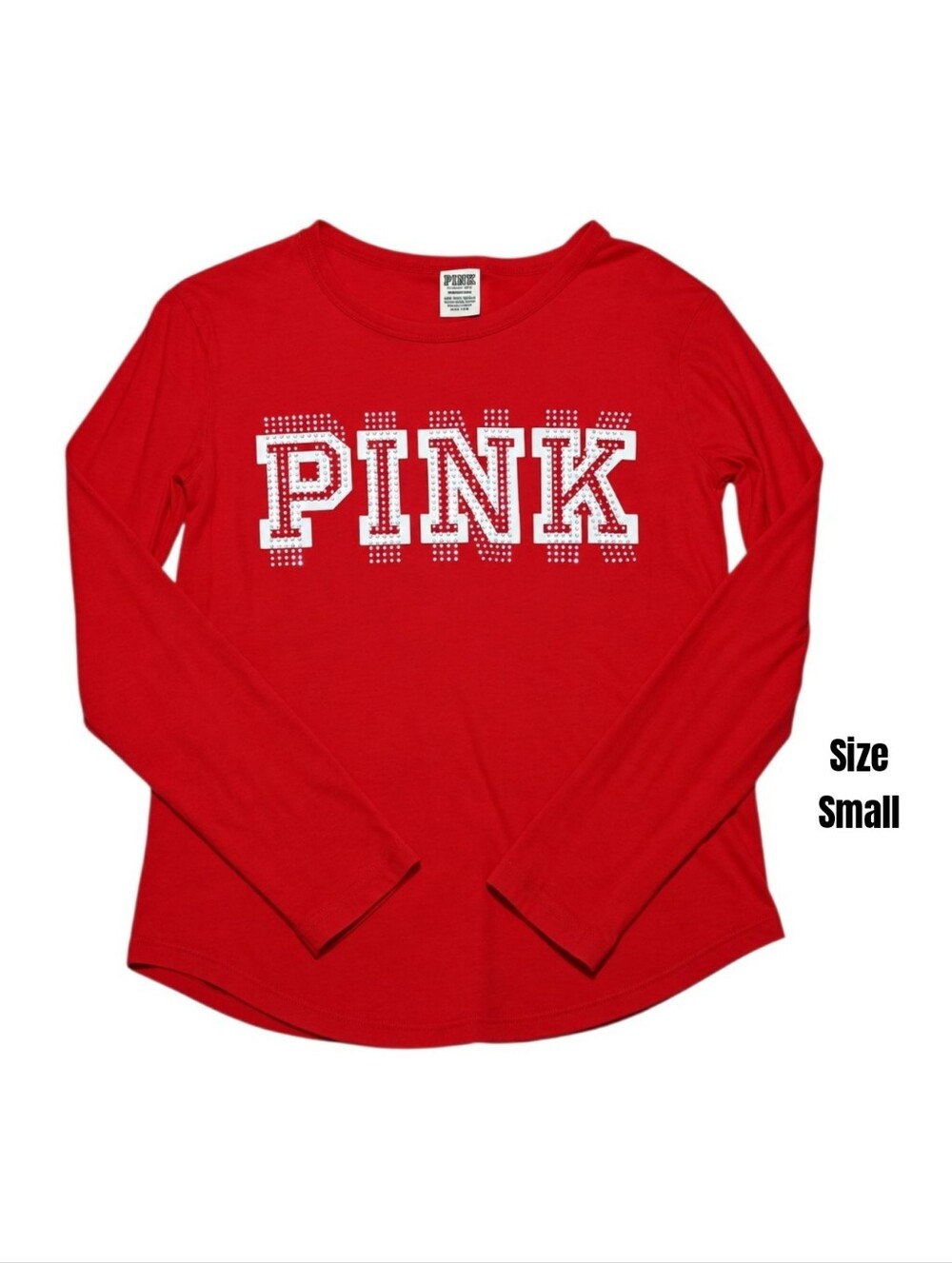 Victorias Secret VS PINK Red Rhinestone Bling Long Sleeve Perfect Tee Size Small
